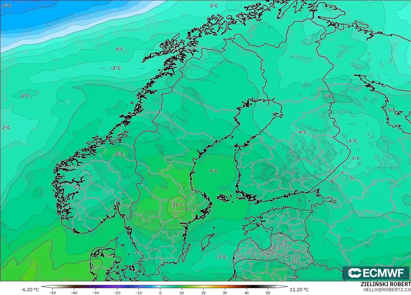 ECMWF IFS 0.25° загвар - Скандинав, Температур 850 hPa