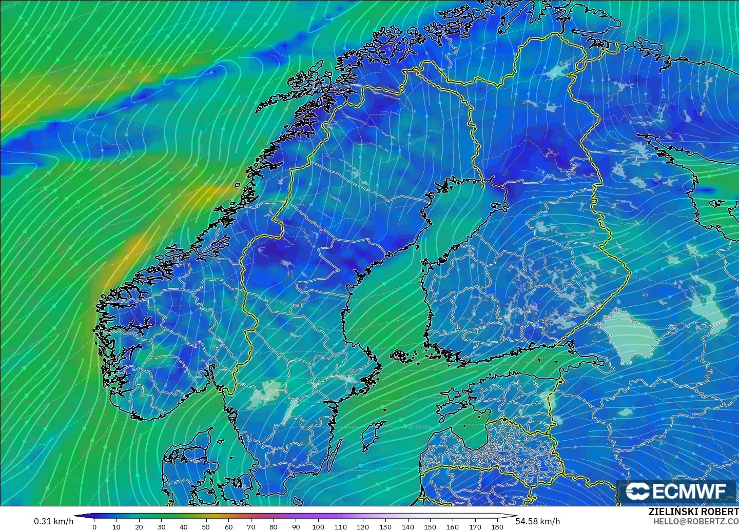 ECMWF IFS 0.25° загвар - Скандинав, Салхи 10 м