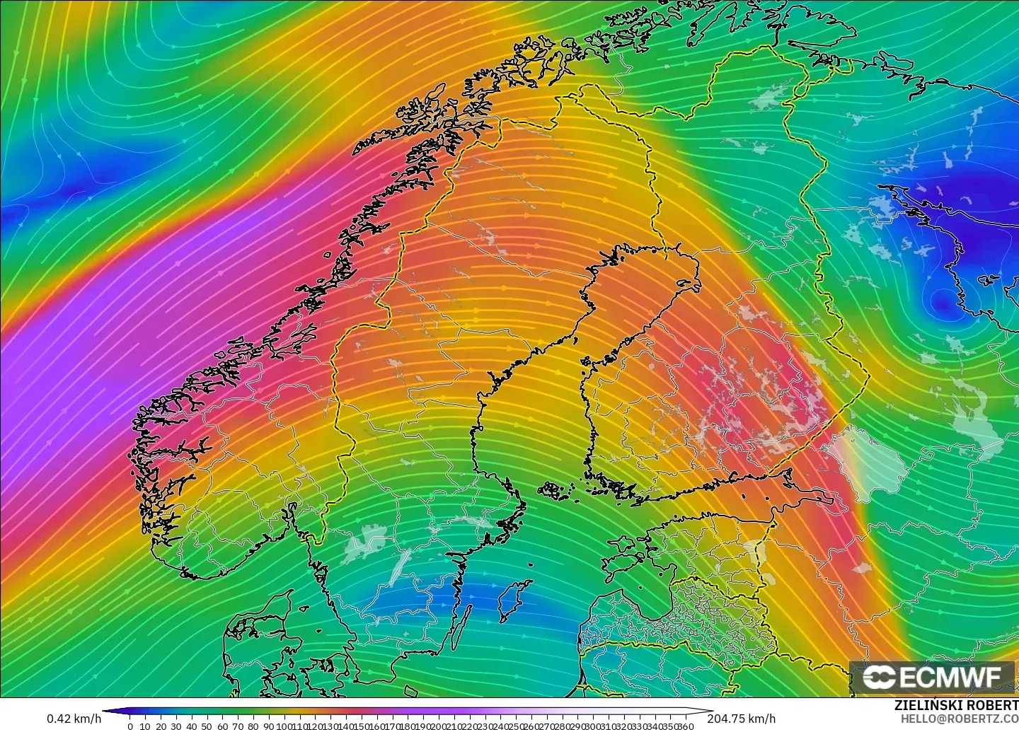 ECMWF IFS 0.25° загвар - Скандинав, Салхи 300 hPa (түншил)