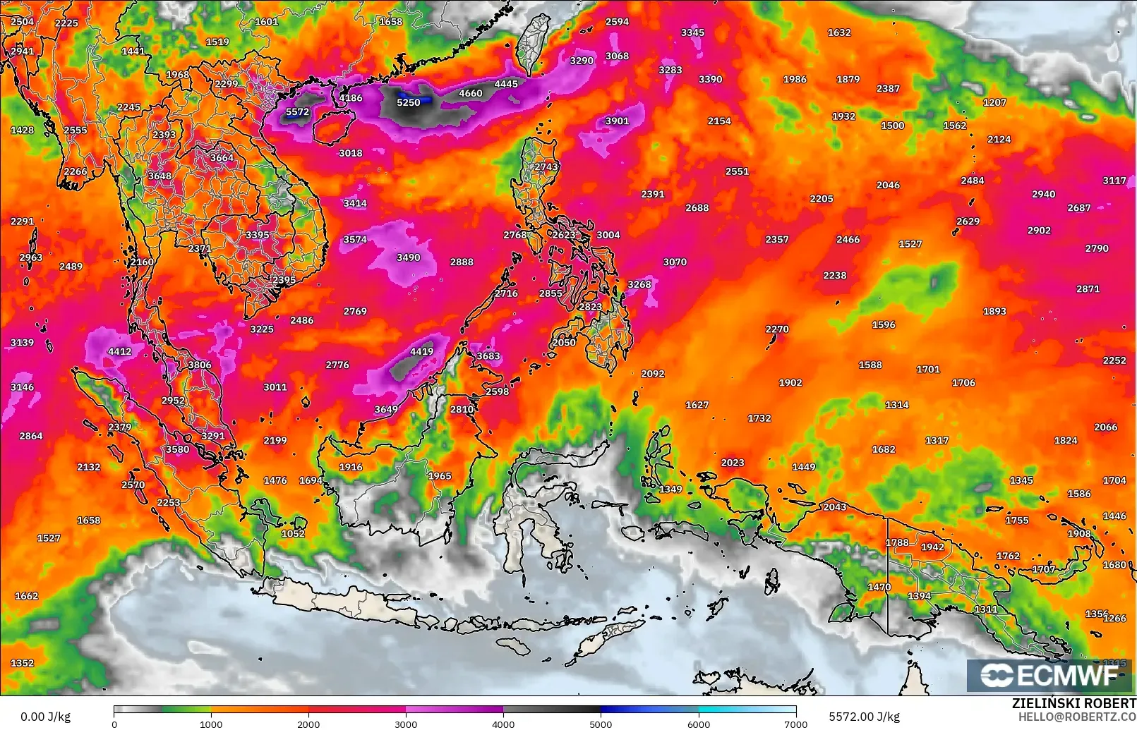 ECMWF IFS 0.25° загвар - Өмнөд-Зүүн Ази, CAPE