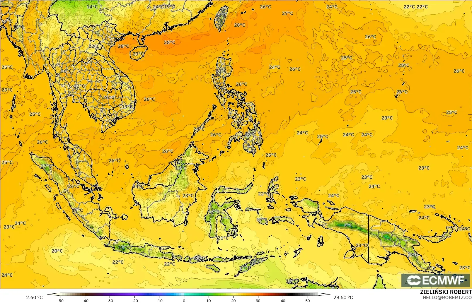 ECMWF IFS 0.25° загвар - Өмнөд-Зүүн Ази, Цэгийн Чийг 2 м