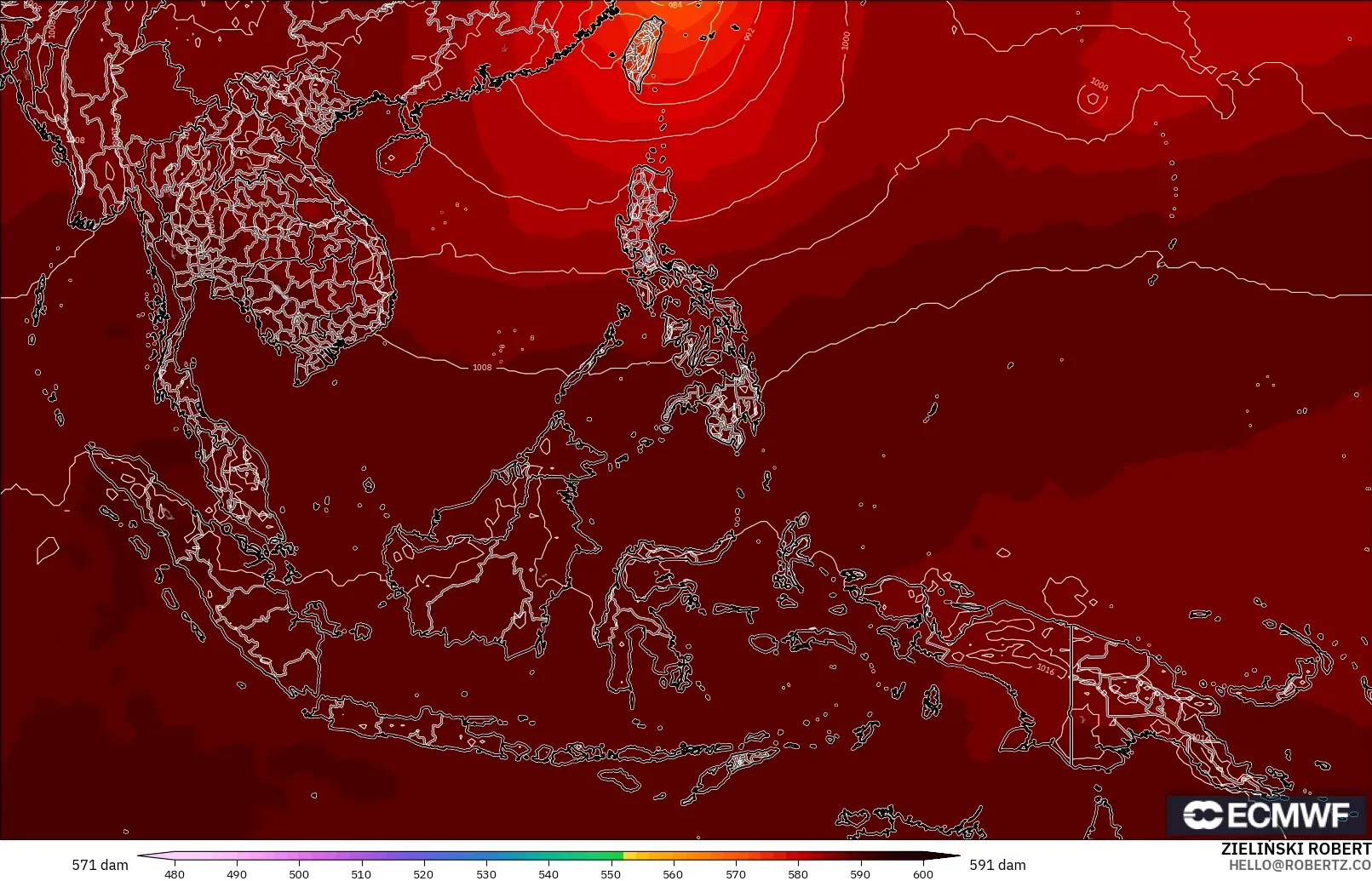 ECMWF IFS 0.25° загвар - Өмнөд-Зүүн Ази, 500 гПа дахь геопотенциал өндөр