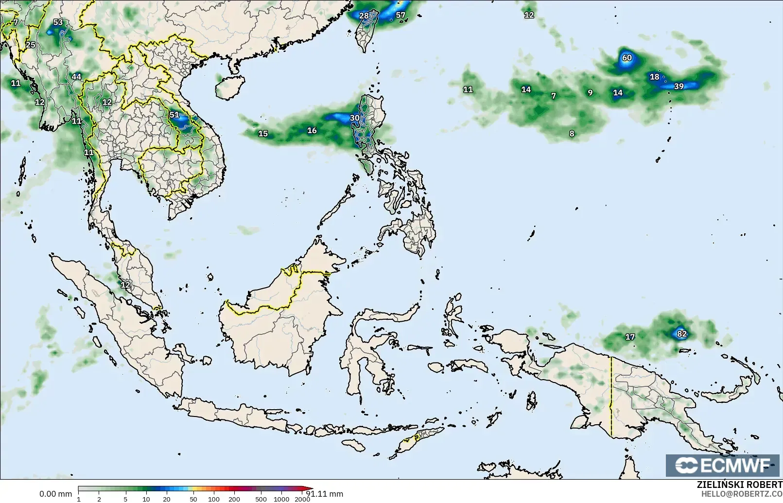 ECMWF IFS 0.25° загвар - Өмнөд-Зүүн Ази, Хур Тунадас Хуримтлал