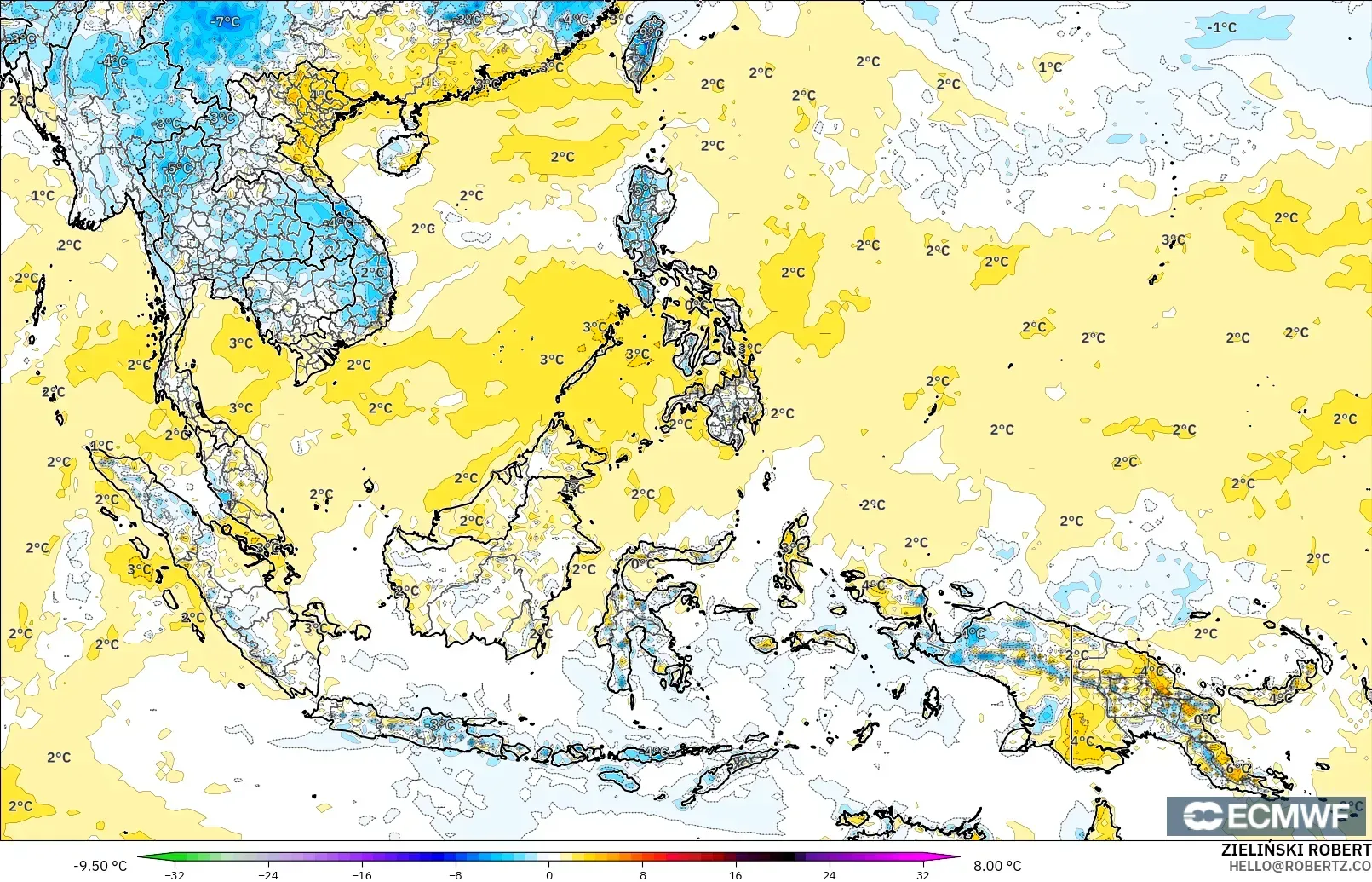 ECMWF IFS 0.25° загвар - Өмнөд-Зүүн Ази, 2 м Температурын Хазайлт