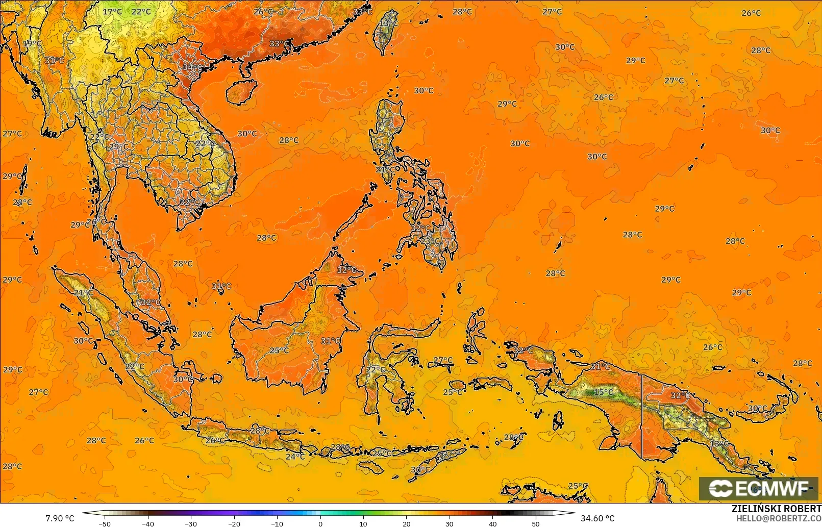 ECMWF IFS 0.25° загвар - Өмнөд-Зүүн Ази, Температур 2 м