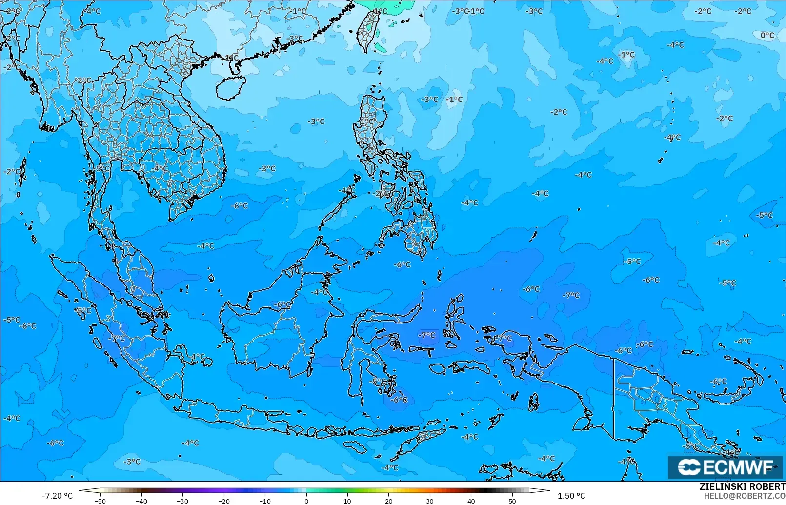 ECMWF IFS 0.25° загвар - Өмнөд-Зүүн Ази, Температур 500 hPa