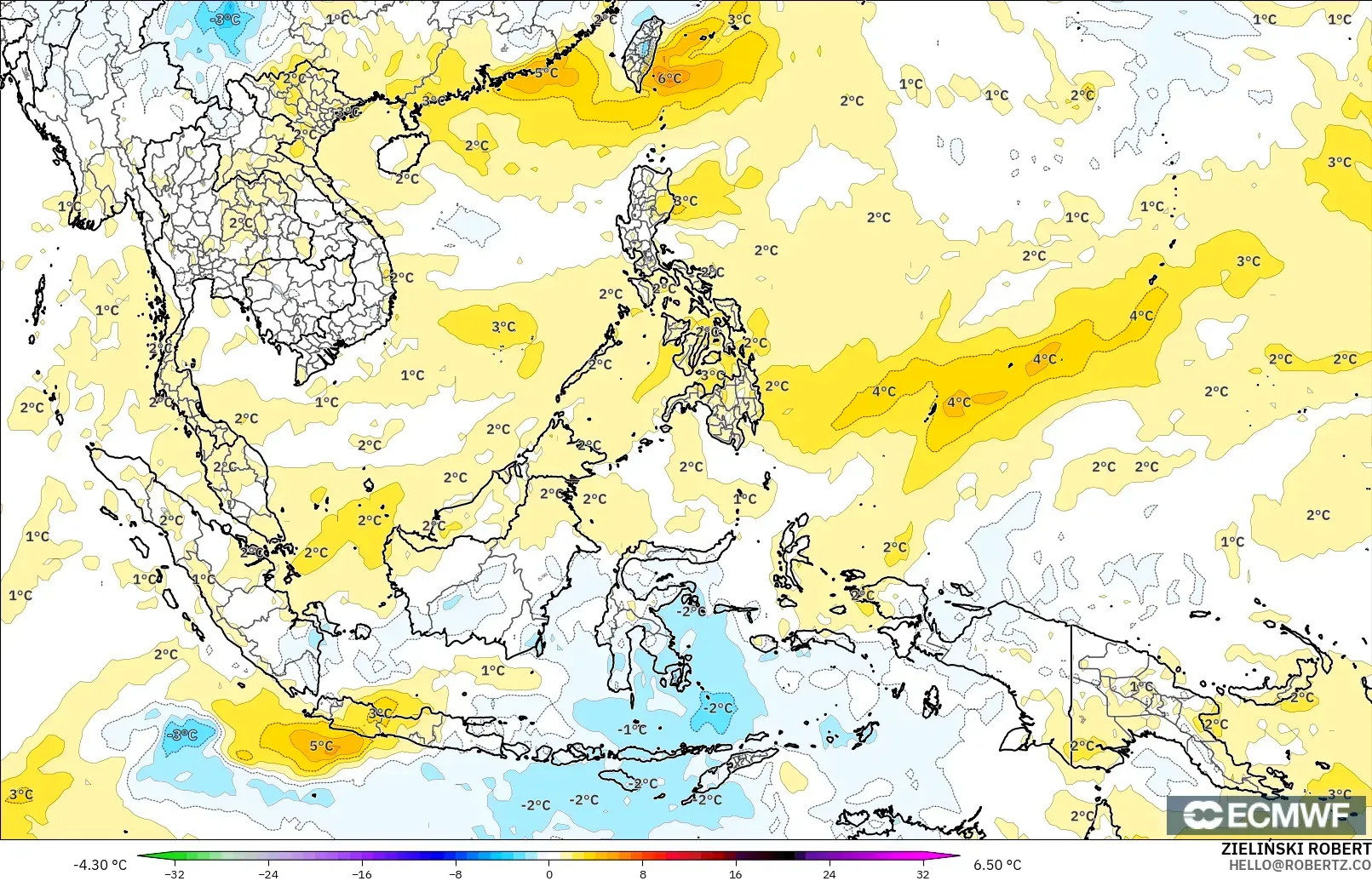 ECMWF IFS 0.25° загвар - Өмнөд-Зүүн Ази, 850 hPa Температурын Хазайлт