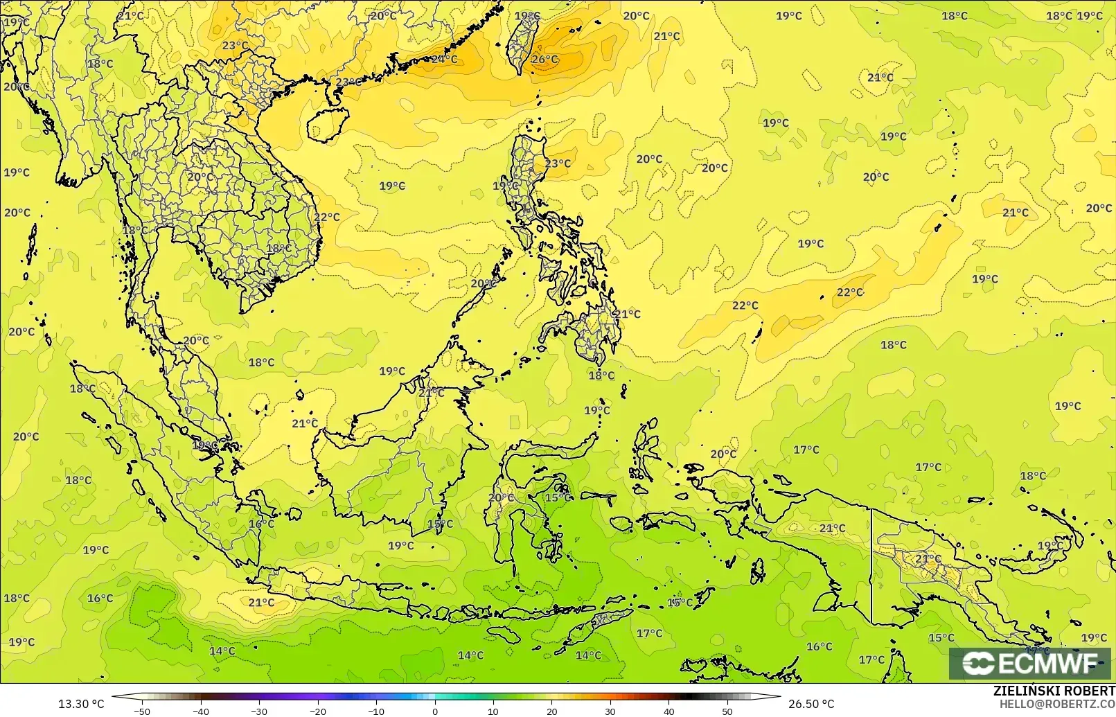 ECMWF IFS 0.25° загвар - Өмнөд-Зүүн Ази, Температур 850 hPa