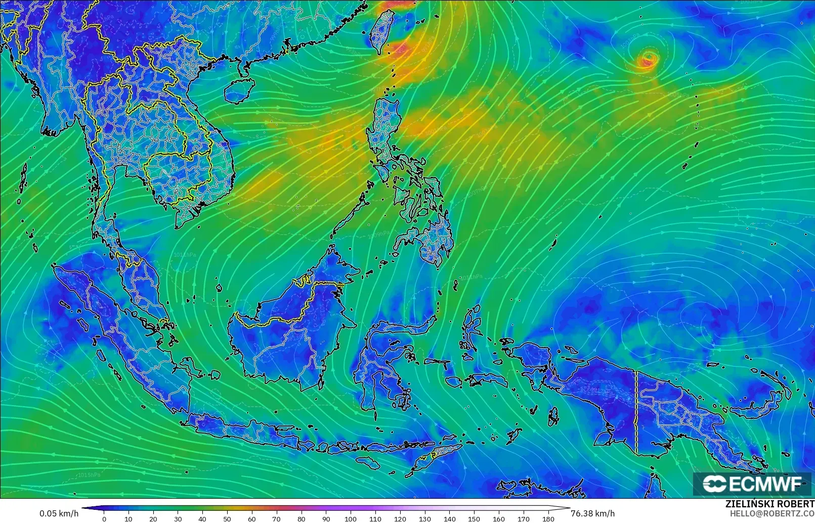 ECMWF IFS 0.25° загвар - Өмнөд-Зүүн Ази, Салхи 10 м