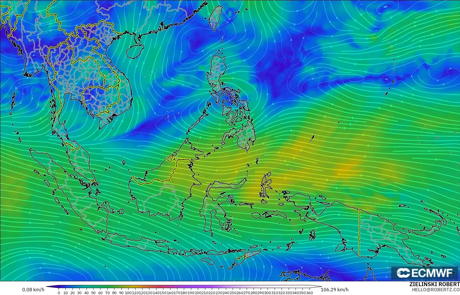 ECMWF IFS 0.25° загвар - Өмнөд-Зүүн Ази, Салхи 300 hPa (түншил)