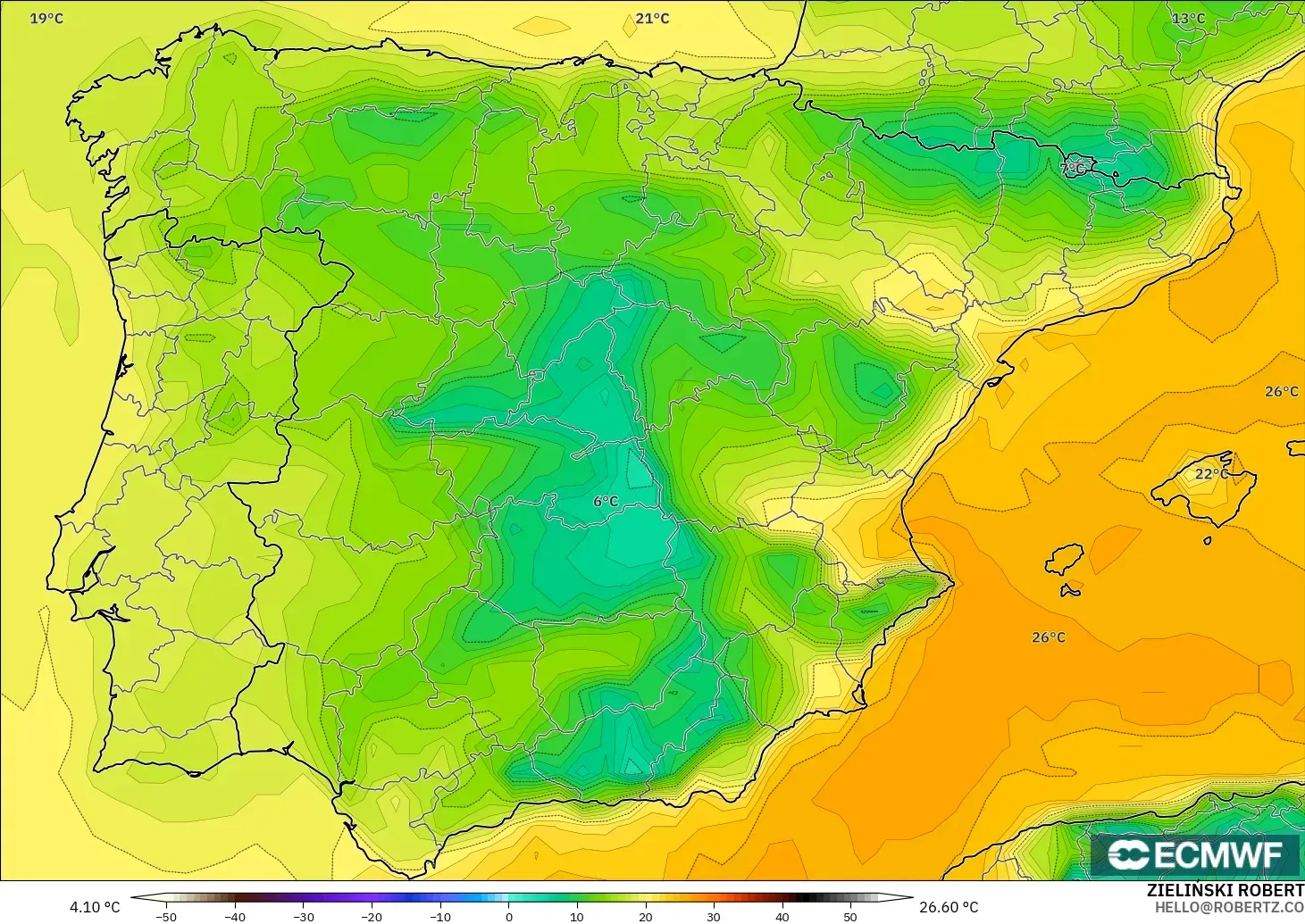 ECMWF IFS 0.25° загвар - Испани, Цэгийн Чийг 2 м
