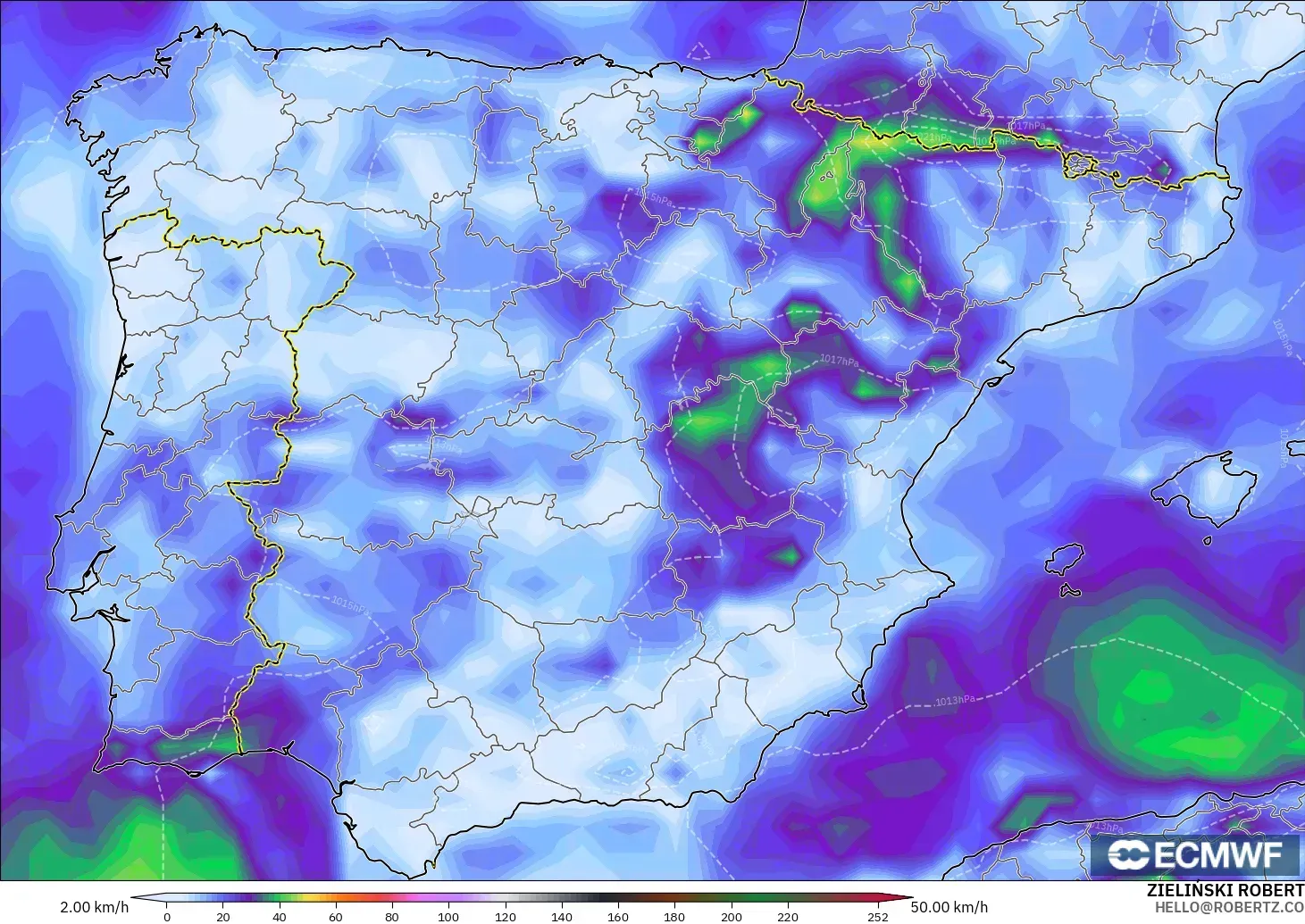 ECMWF IFS 0.25° загвар - Испани, Хамгийн Их Салхи