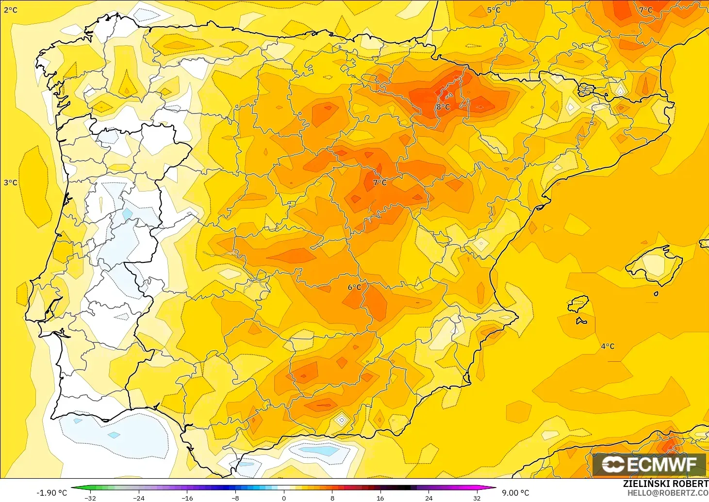 ECMWF IFS 0.25° загвар - Испани, 2 м Температурын Хазайлт