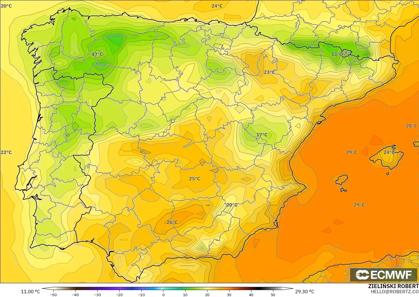 ECMWF IFS 0.25° загвар - Испани, Температур 2 м