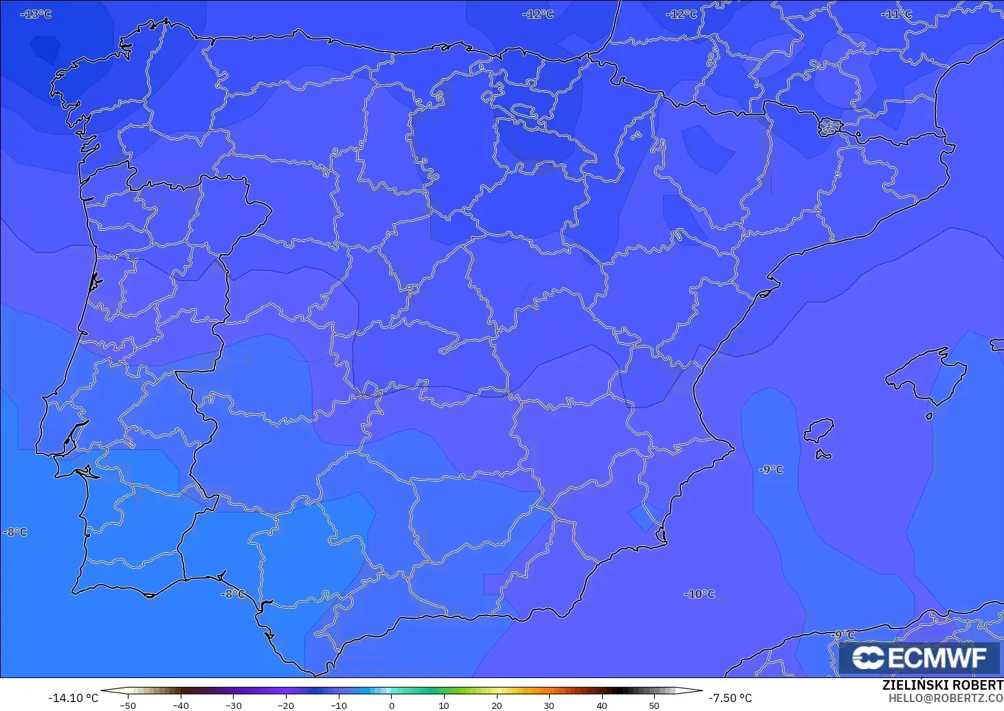 ECMWF IFS 0.25° загвар - Испани, Температур 500 hPa