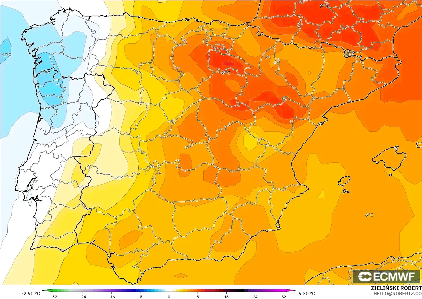 ECMWF IFS 0.25° загвар - Испани, 850 hPa Температурын Хазайлт