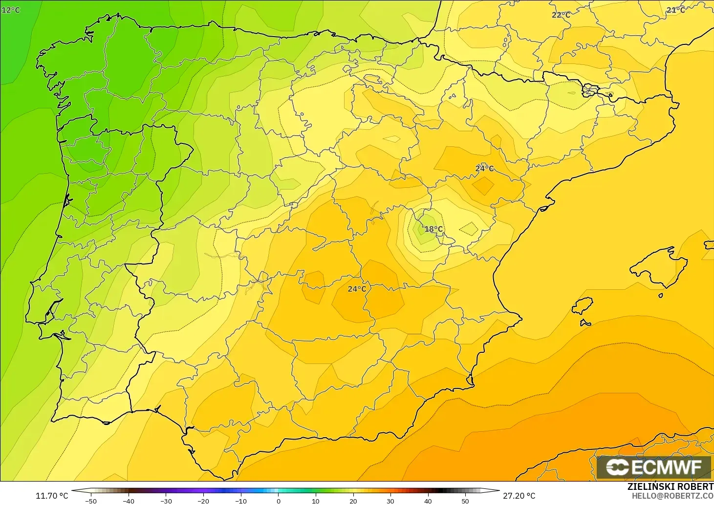 ECMWF IFS 0.25° загвар - Испани, Температур 850 hPa