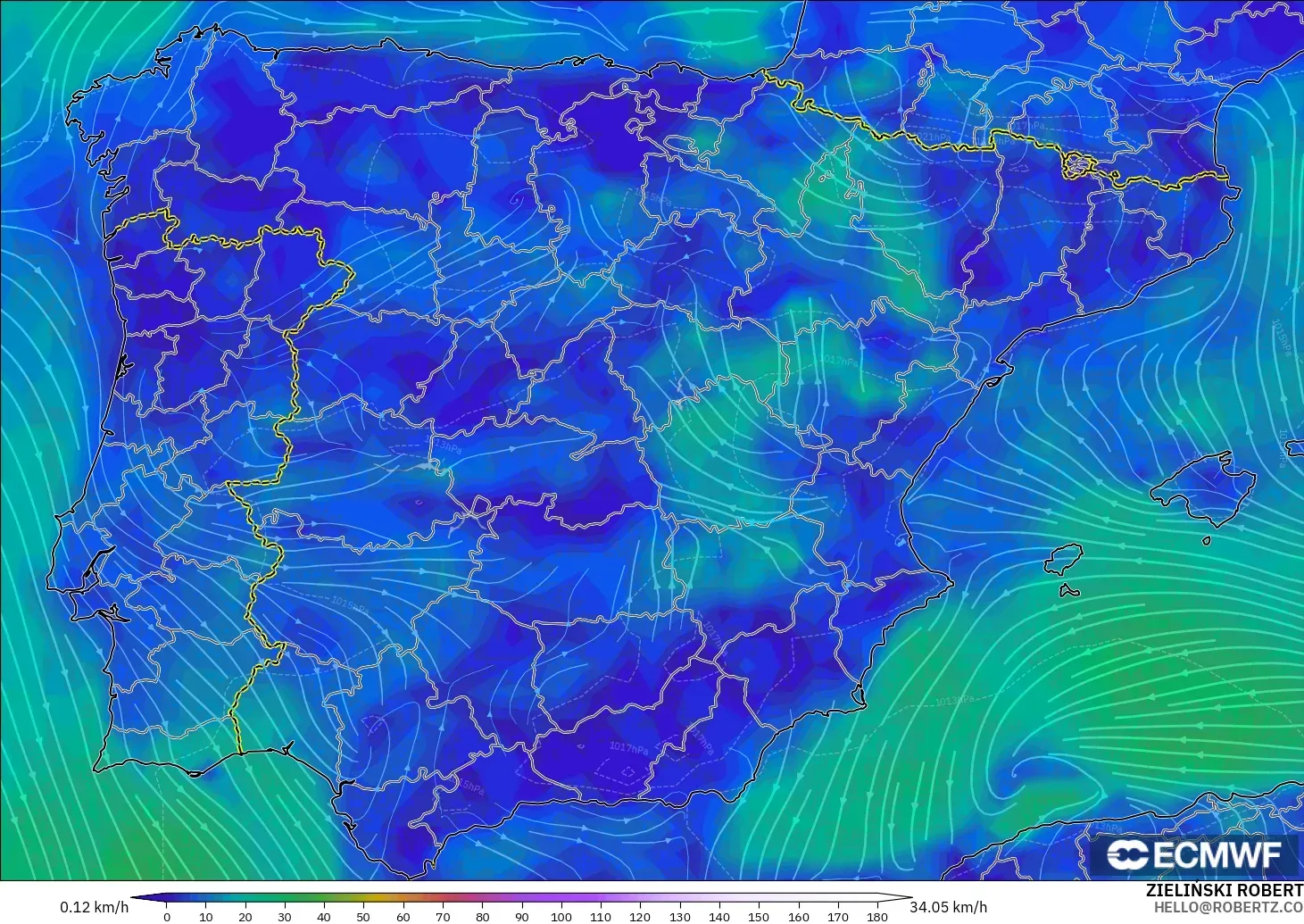 ECMWF IFS 0.25° загвар - Испани, Салхи 10 м