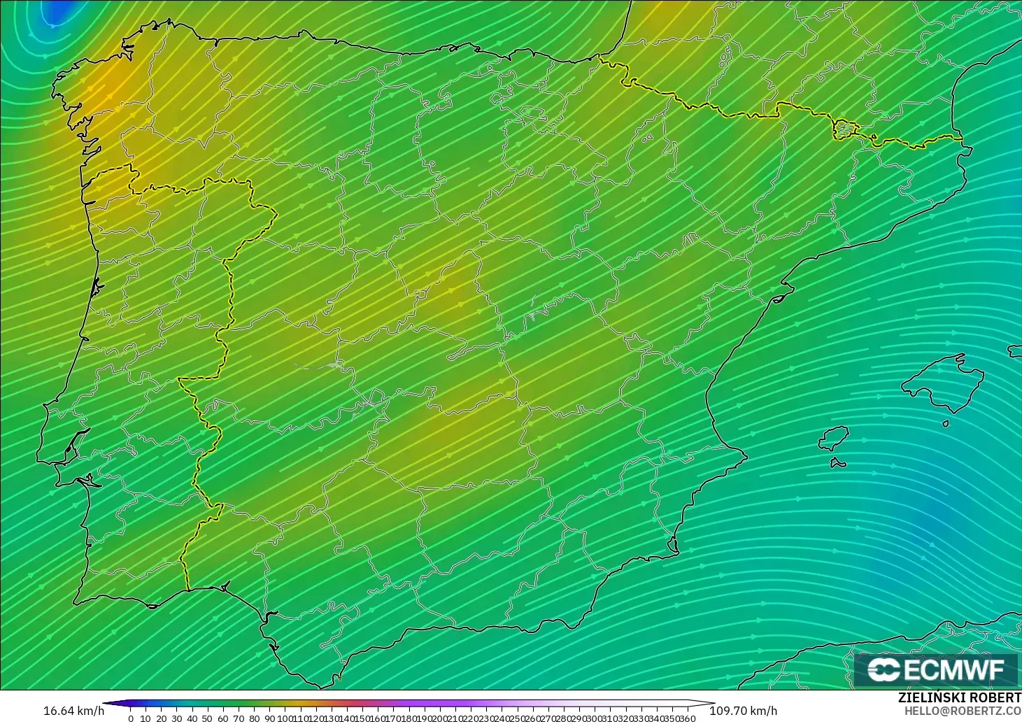 ECMWF IFS 0.25° загвар - Испани, Салхи 300 hPa (түншил)