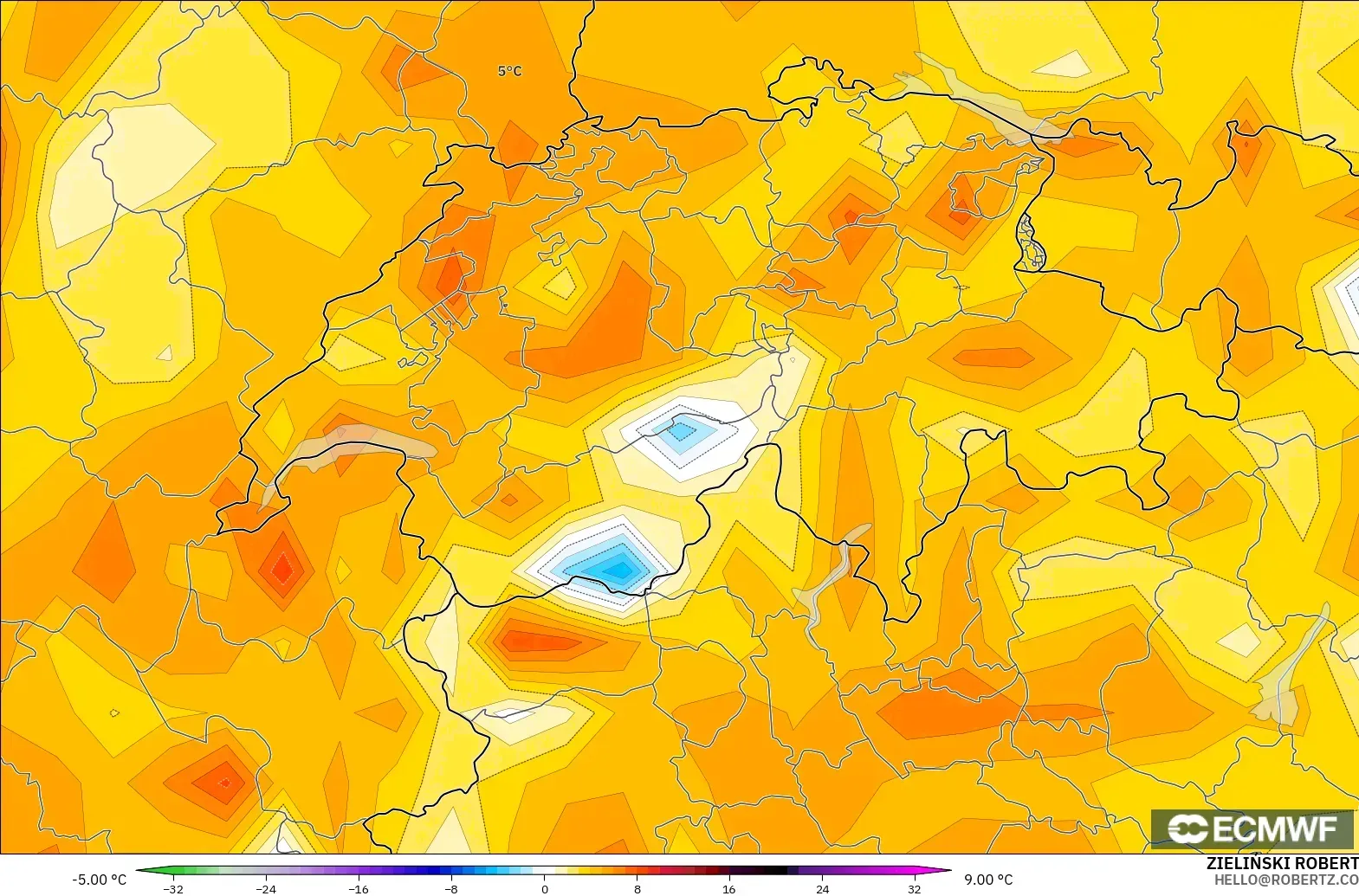 ECMWF IFS 0.25° загвар - Швейцар, 2 м Температурын Хазайлт