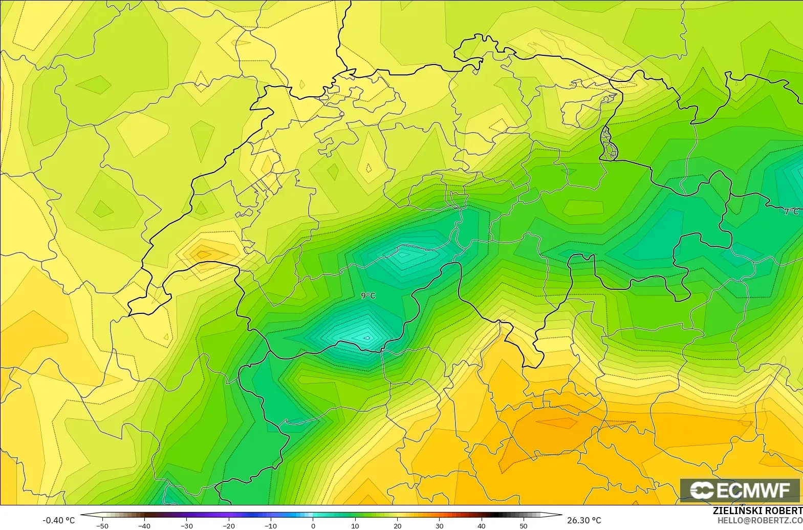 ECMWF IFS 0.25° загвар - Швейцар, Температур 2 м