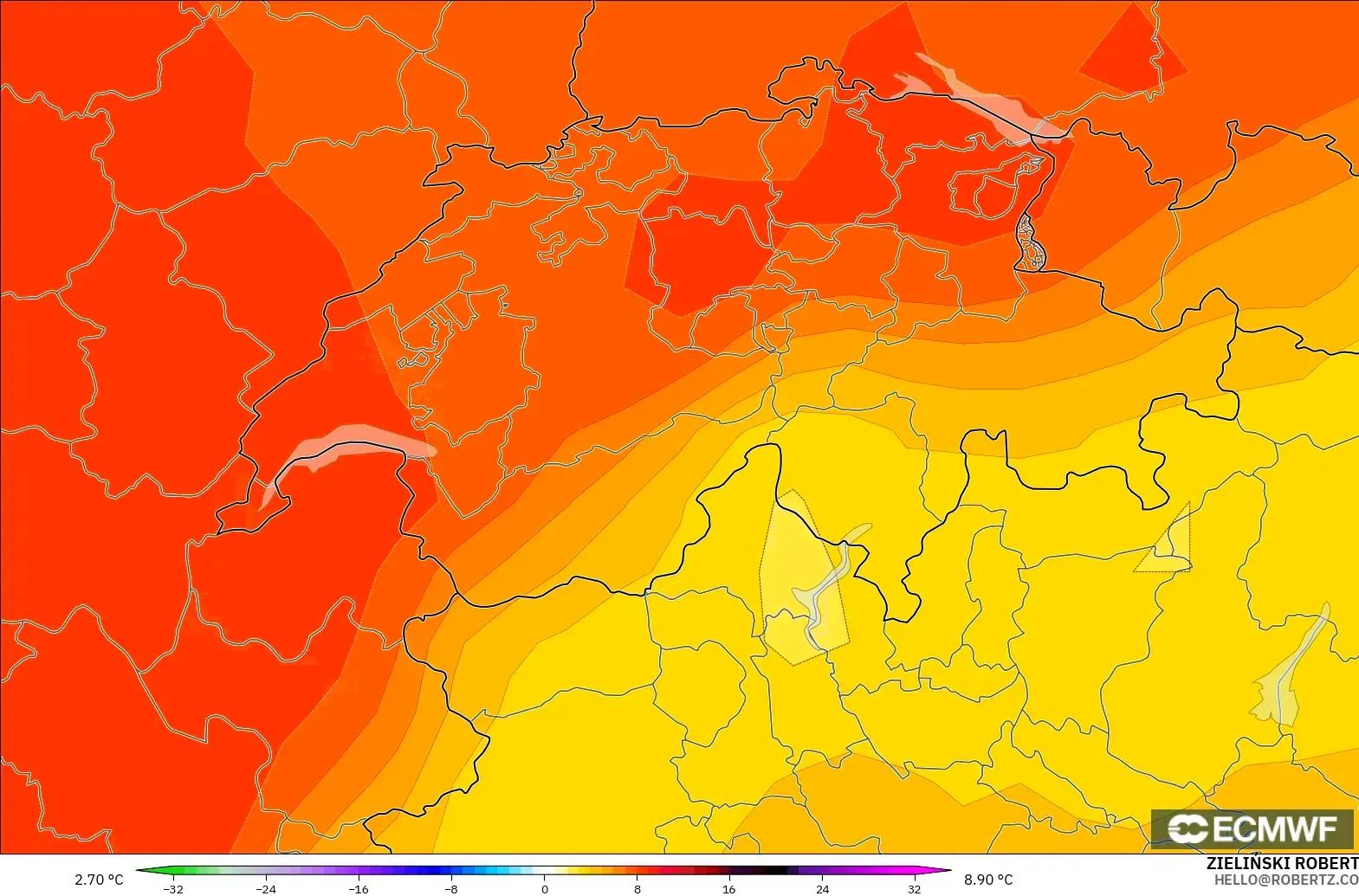 ECMWF IFS 0.25° загвар - Швейцар, 850 hPa Температурын Хазайлт