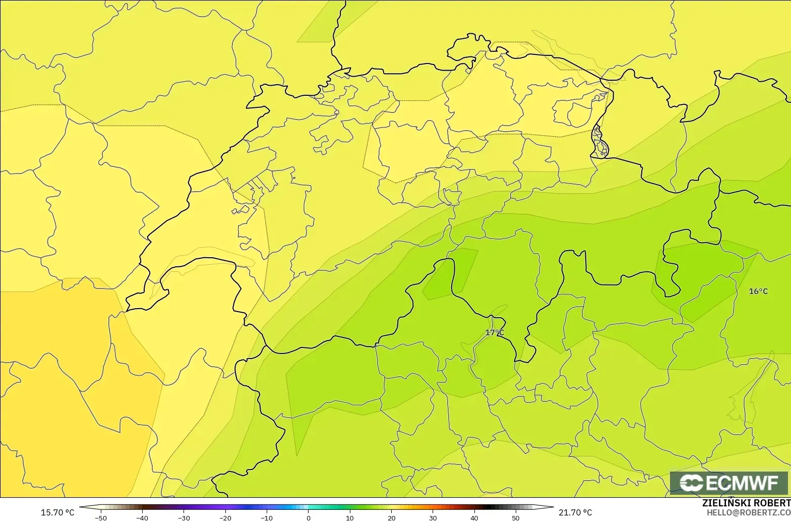 ECMWF IFS 0.25° загвар - Швейцар, Температур 850 hPa