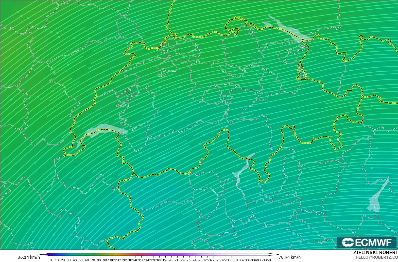 ECMWF IFS 0.25° загвар - Швейцар, Салхи 300 hPa (түншил)