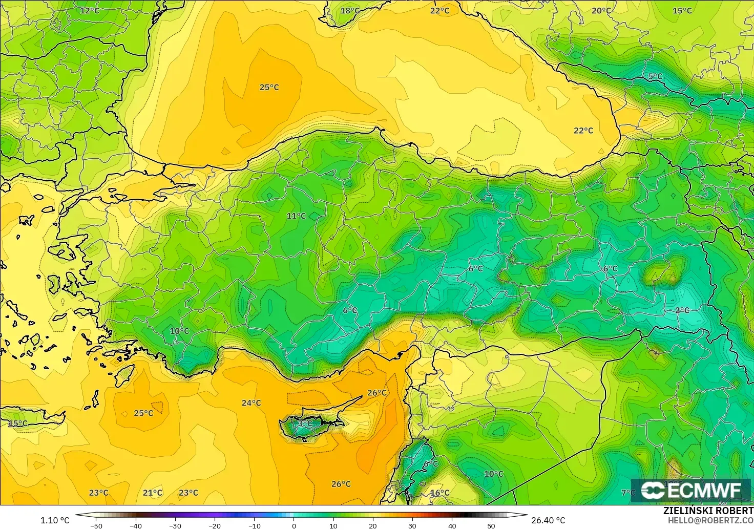 ECMWF IFS 0.25° загвар - Турк, Цэгийн Чийг 2 м