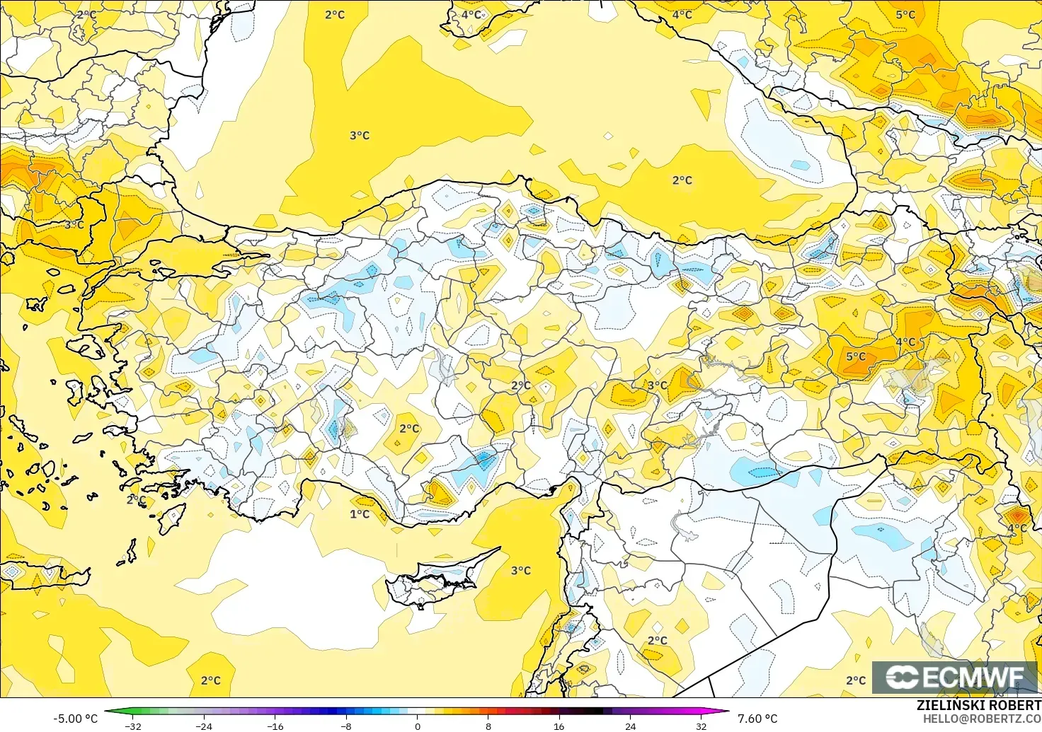 ECMWF IFS 0.25° загвар - Турк, 2 м Температурын Хазайлт