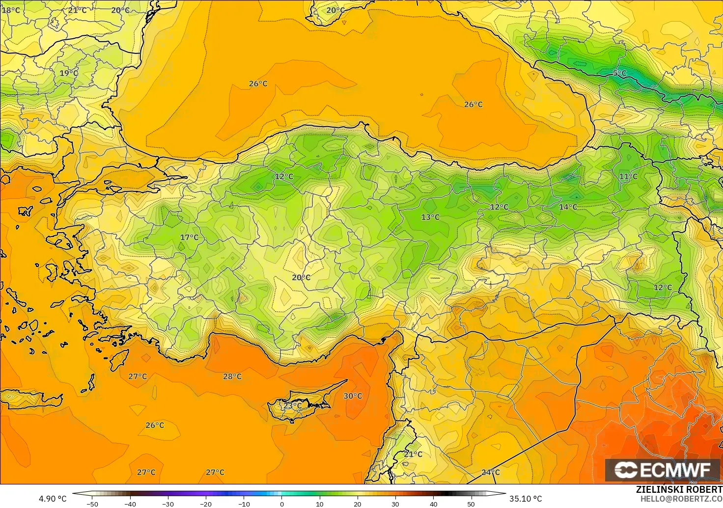 ECMWF IFS 0.25° загвар - Турк, Температур 2 м
