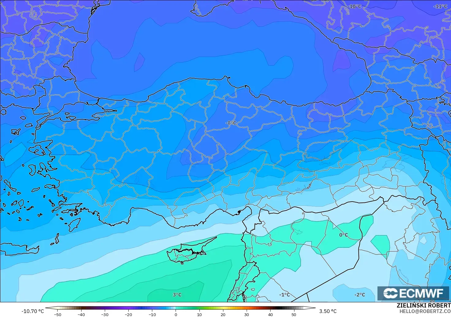 ECMWF IFS 0.25° загвар - Турк, Температур 500 hPa
