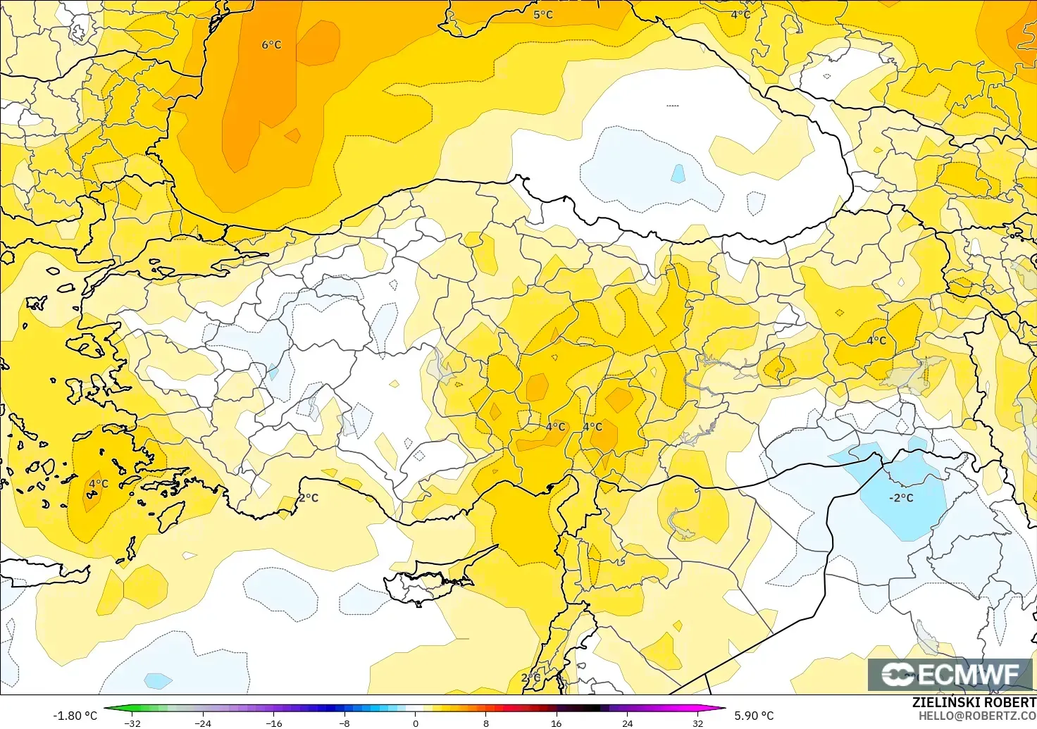 ECMWF IFS 0.25° загвар - Турк, 850 hPa Температурын Хазайлт
