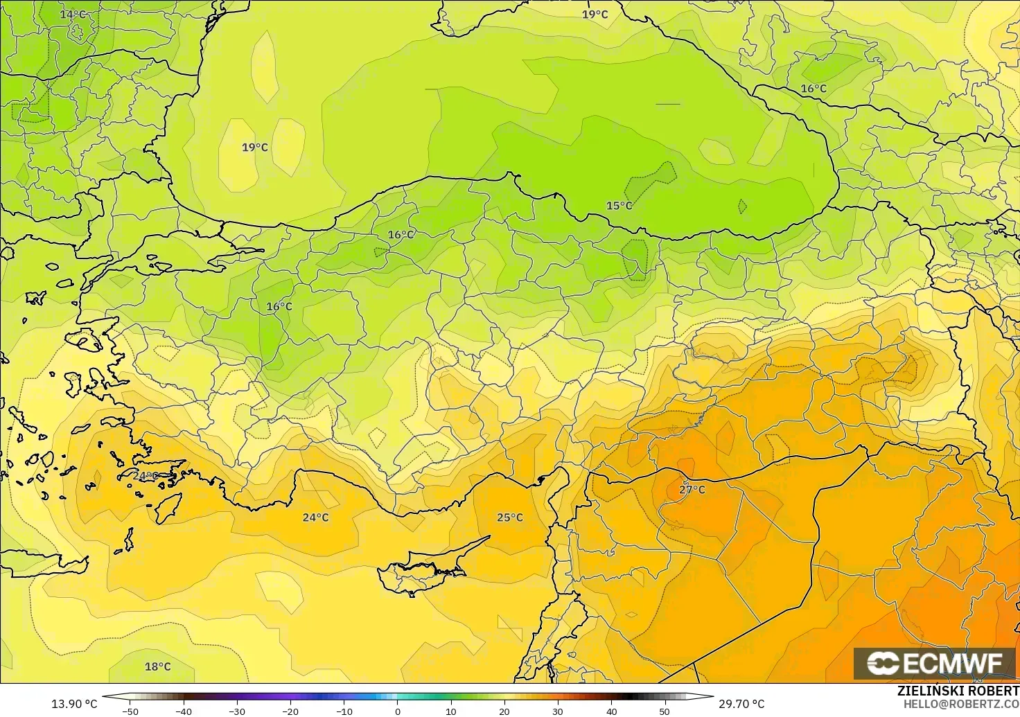 ECMWF IFS 0.25° загвар - Турк, Температур 850 hPa