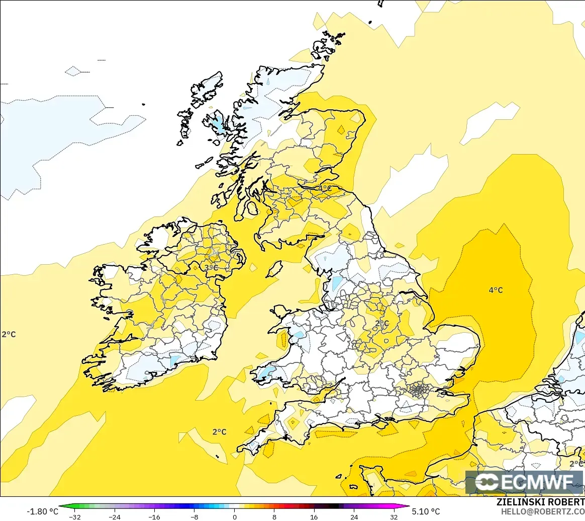 ECMWF IFS 0.25° загвар - Их Британи, 2 м Температурын Хазайлт