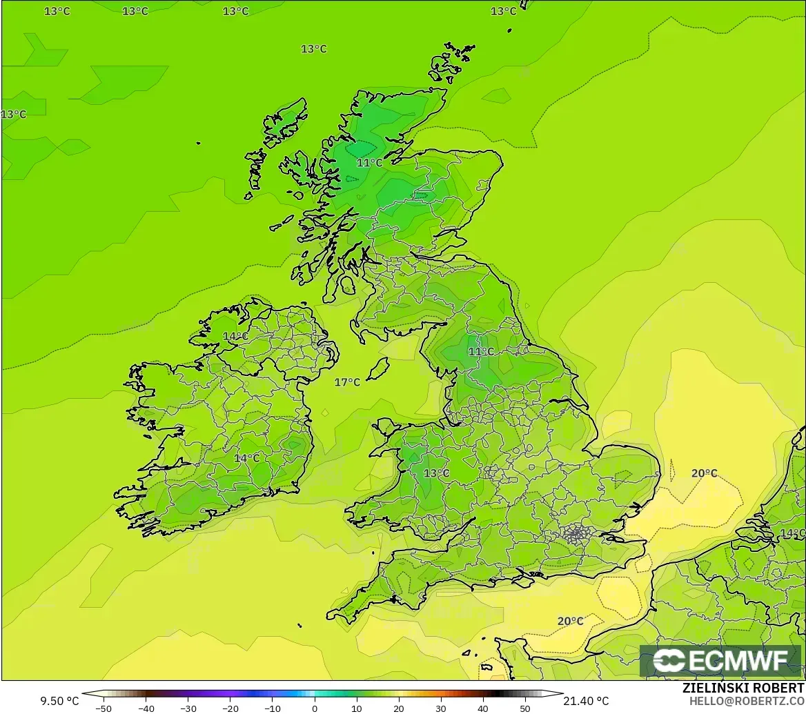 ECMWF IFS 0.25° загвар - Их Британи, Температур 2 м