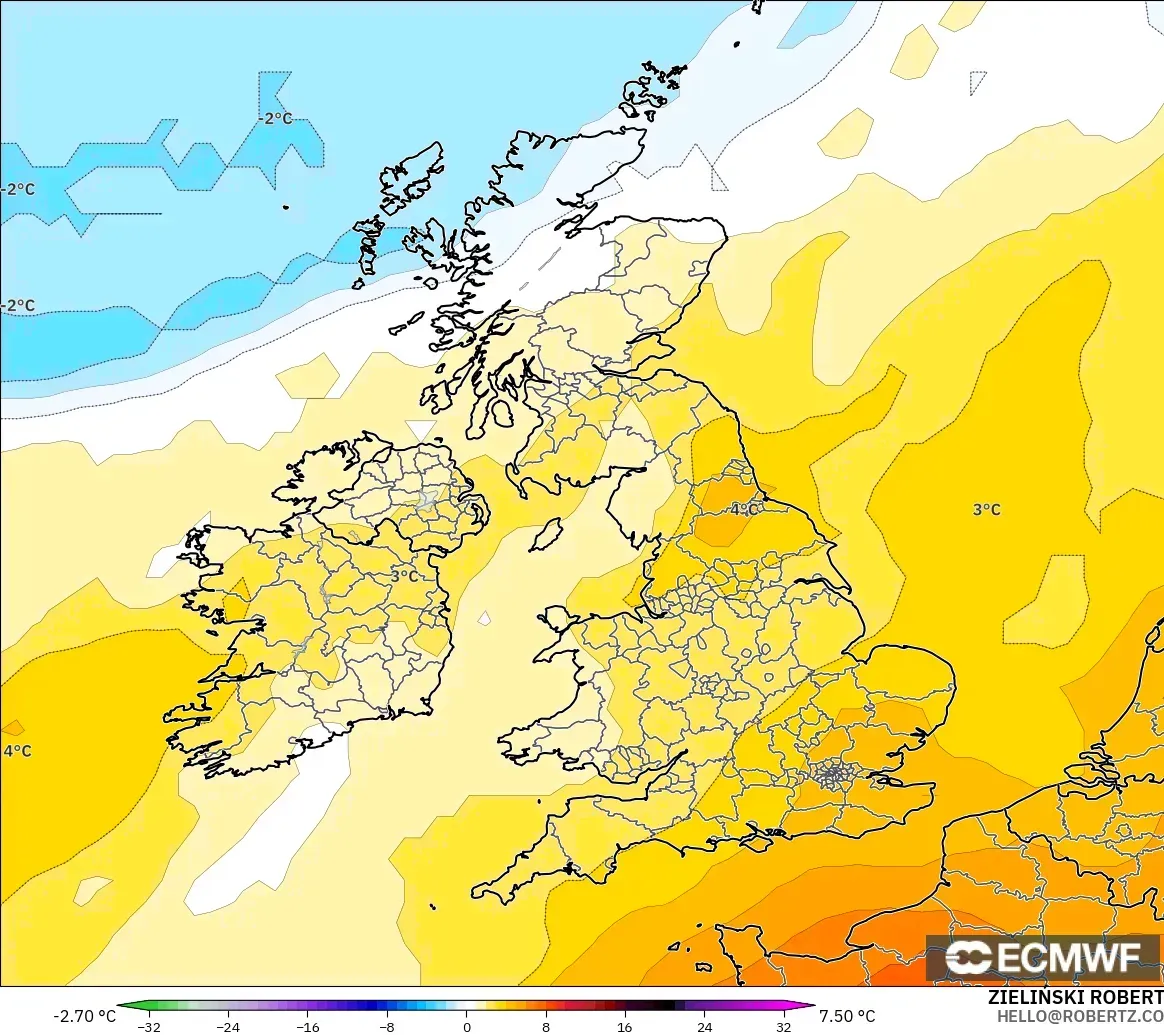 ECMWF IFS 0.25° загвар - Их Британи, 850 hPa Температурын Хазайлт