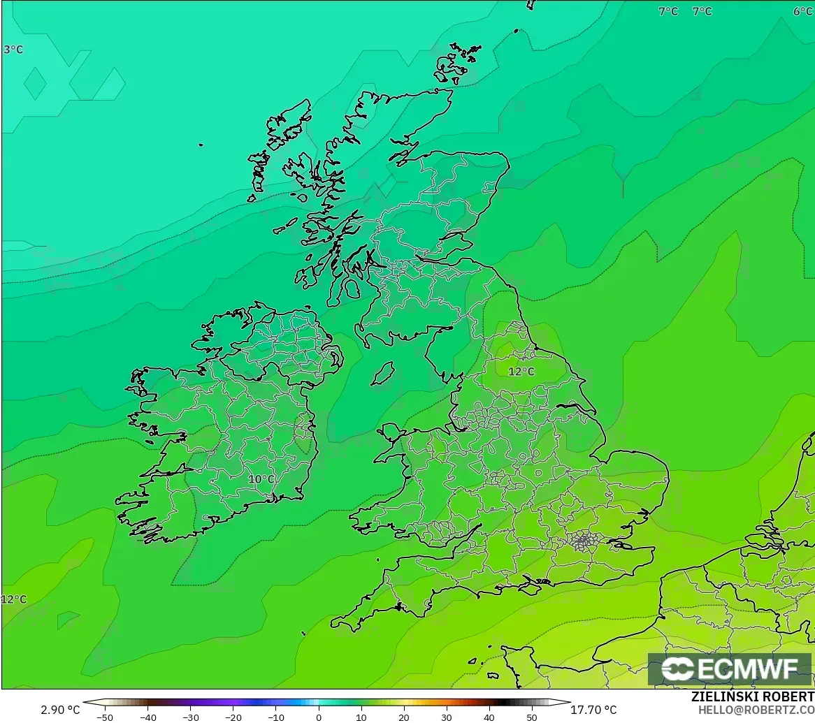 ECMWF IFS 0.25° загвар - Их Британи, Температур 850 hPa