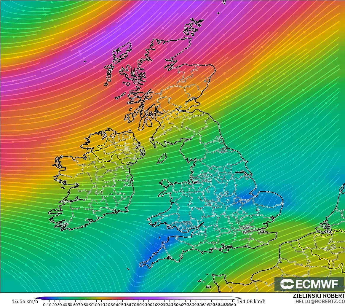 ECMWF IFS 0.25° загвар - Их Британи, Салхи 300 hPa (түншил)