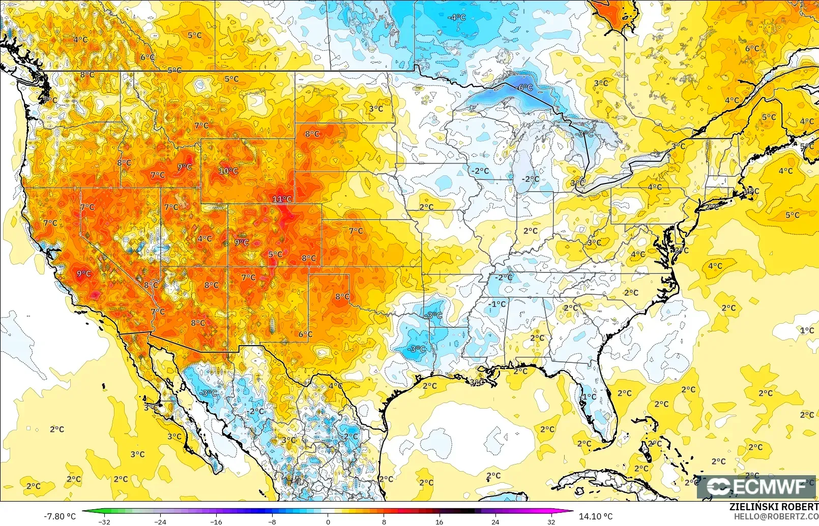 ECMWF IFS 0.25° загвар - АНУ, 2 м Температурын Хазайлт