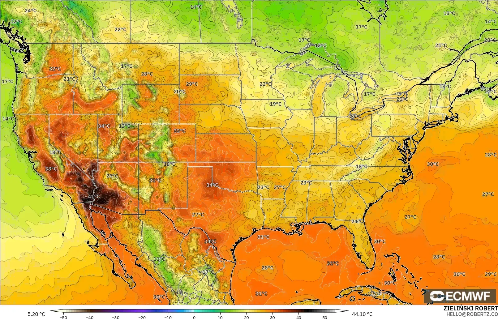 ECMWF IFS 0.25° загвар - АНУ, Температур 2 м
