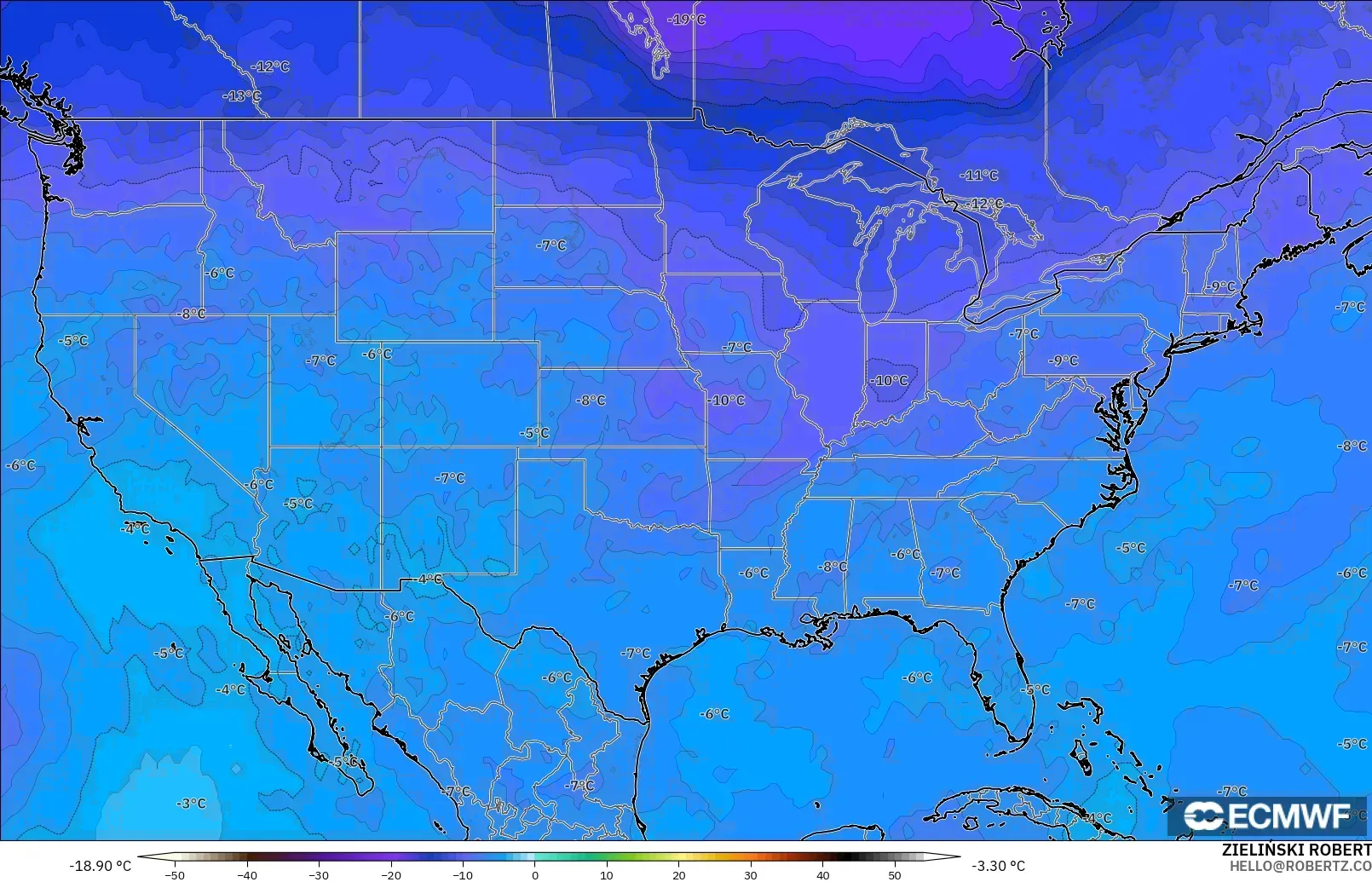 ECMWF IFS 0.25° загвар - АНУ, Температур 500 hPa
