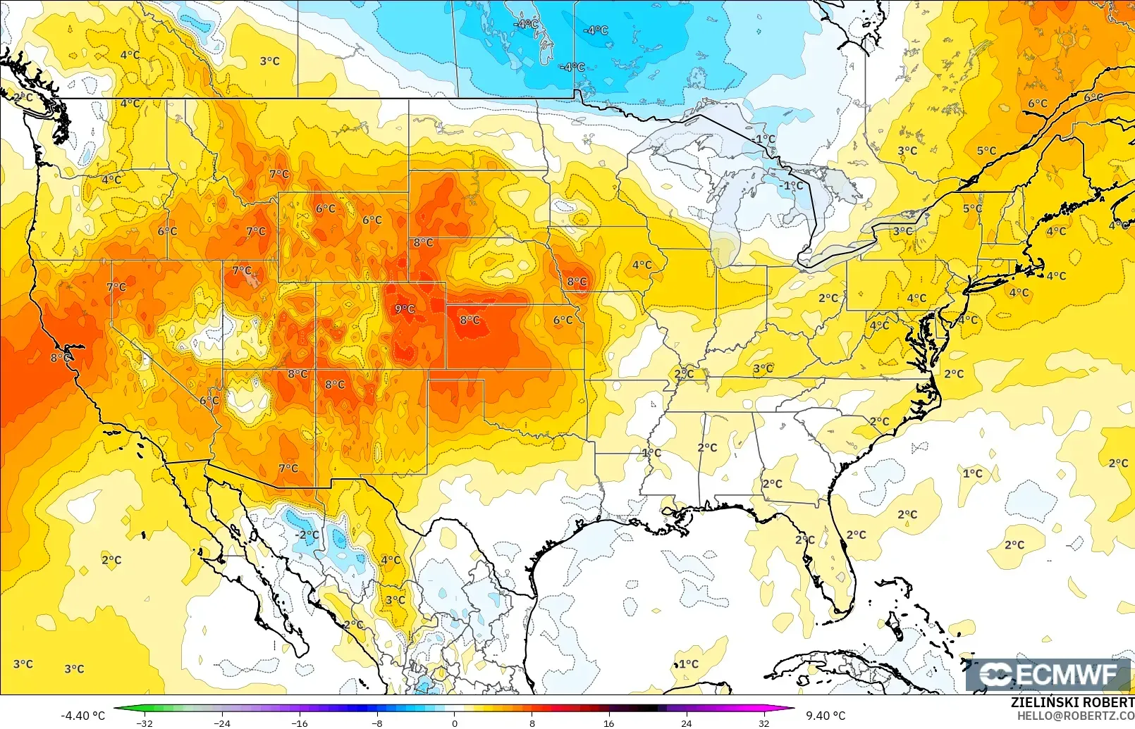 ECMWF IFS 0.25° загвар - АНУ, 850 hPa Температурын Хазайлт