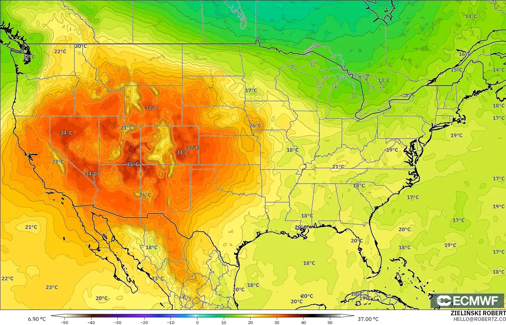 ECMWF IFS 0.25° загвар - АНУ, Температур 850 hPa