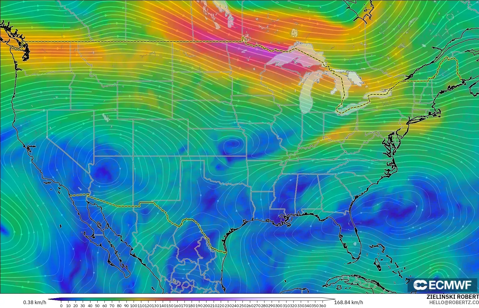 ECMWF IFS 0.25° загвар - АНУ, Салхи 300 hPa (түншил)