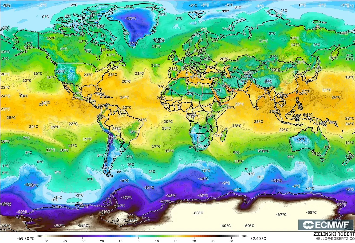 ECMWF IFS 0.25° загвар - Дэлхий, Цэгийн Чийг 2 м