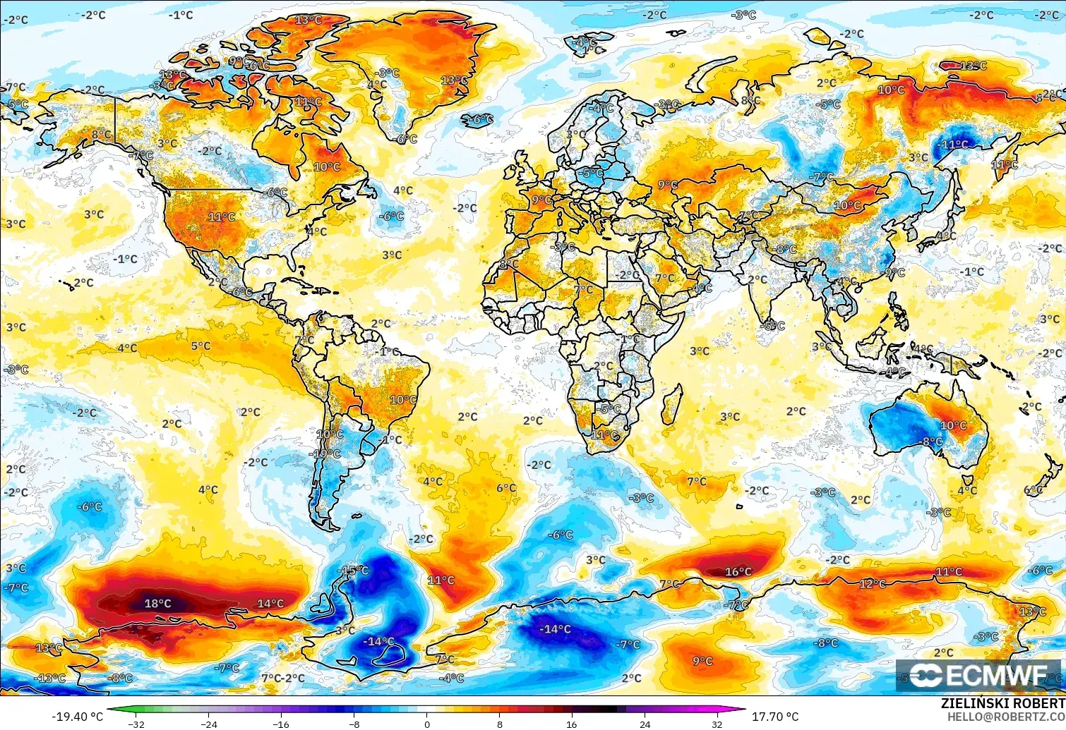 ECMWF IFS 0.25° загвар - Дэлхий, 2 м Температурын Хазайлт