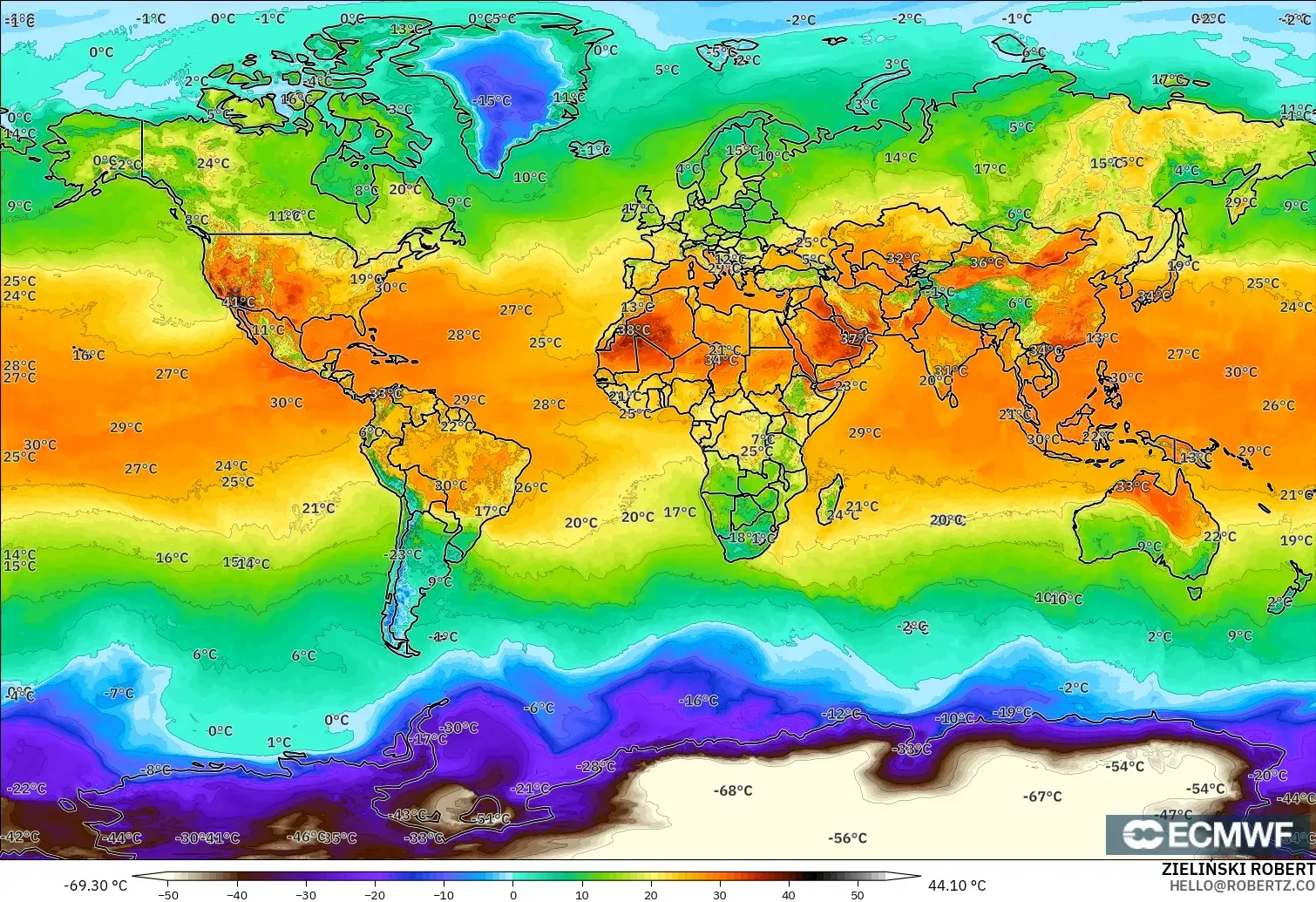 ECMWF IFS 0.25° загвар - Дэлхий, Температур 2 м