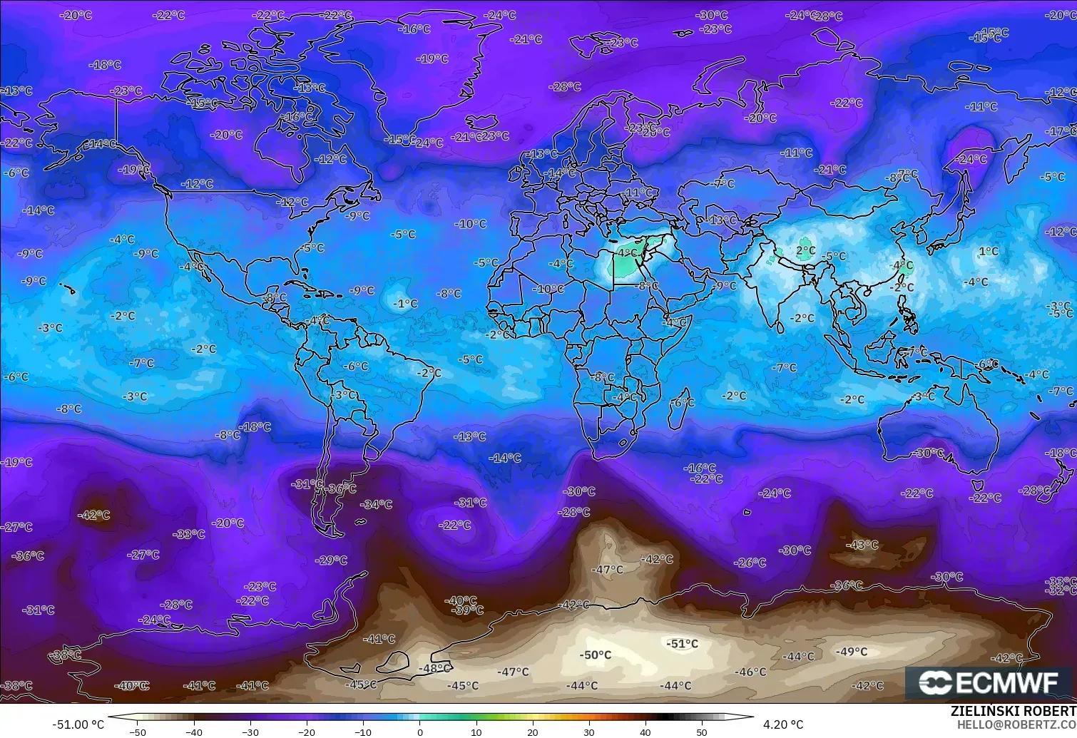 ECMWF IFS 0.25° загвар - Дэлхий, Температур 500 hPa
