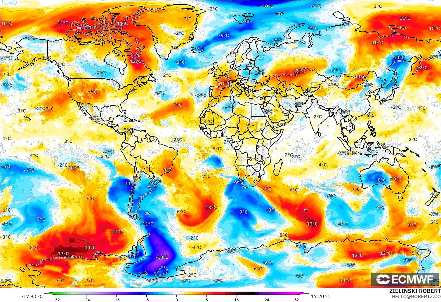 ECMWF IFS 0.25° загвар - Дэлхий, 850 hPa Температурын Хазайлт